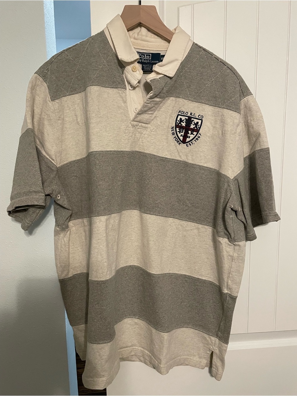 Polo by Ralph Lauren Wide Gray & Cream Striped Rugby Polo